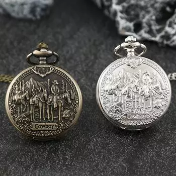 2 шт./комплект, мужские карманные часы, мужские ретро-модные кварцевые карманные часы «Ковбой» с ожерельем, идеальный выбор для подарка, подарка на День отца.