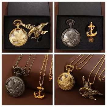 2 шт./комплект, мужские модные классические изысканные ажурные карманные часы с орлом и 1 шт. модное ожерелье с подвеской, идеальный подарок для друзей и коллег-мужчин! золотистый