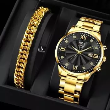 2 шт./комплект, мужские модные повседневные кварцевые часы и браслет из нержавеющей стали, лучшие подарки для него