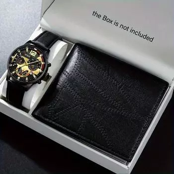 2 шт./комплект, мужские модные простые повседневные аналоговые кварцевые часы из искусственной кожи и кошелек, праздничный подарок
