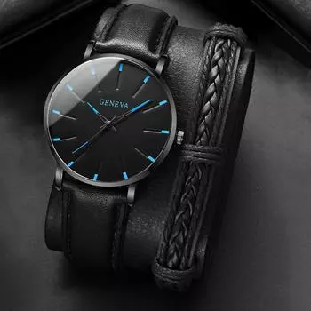 2 шт./комплект, мужские модные ультратонкие часы, простые мужские деловые кварцевые часы с ремешком из искусственной кожи и браслетом