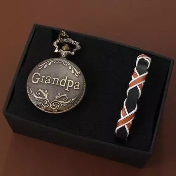 2 шт./комплект, мужские ретро-модные медные кварцевые карманные часы «Gandpa» и 1 шт. модный повседневный мужской браслет, идеальный выбор для подарка дедушке