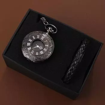 2 шт./комплект, мужские римские цифры черные кварцевые карманные часы и 1 шт. повседневный аналоговый браслет из искусственной кожи, идеальный выбор для подарков