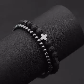 2 шт., комплект мужских браслетов с гематитовым крестом, браслет для Hombre, натуральный лавовый браслет с тигровыми глазами, камень, браслет Homme, браслет из бисера, Brazalete Pulseira