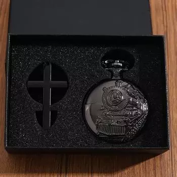 2 шт./комплект мужских карманных часов 1 шт. мужские ретро черные кварцевые карманные часы с дизайном паровоза и 1 шт. классическое черное ожерелье с крестом, идеальный выбор для подарков