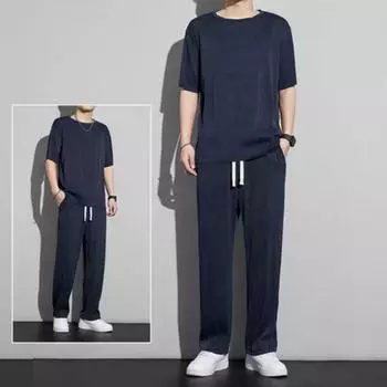 2 шт./комплект, мужской летний повседневный наряд, футболка с коротким рукавом и круглым вырезом, эластичный шнурок на талии, широкие длинные брюки, однотонный повседневный комплект XL чёрный