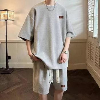 2 шт./комплект, мужской летний повседневный наряд, футболка с коротким рукавом и круглым вырезом, эластичная резинка на талии, широкие шорты, комплект с буквенным принтом Activewe M белый