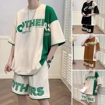 2 шт./комплект, мужской летний повседневный наряд, футболка с коротким рукавом и круглым вырезом, эластичная талия на шнурке, широкие шорты, комплект в стиле пэчворк XL бежевый