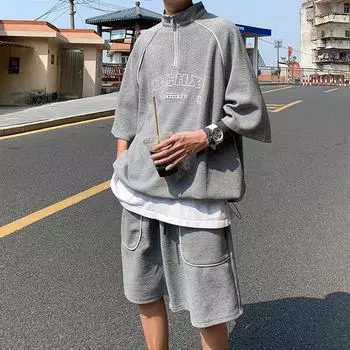 2 шт./комплект мужской летний спортивный костюм вафельный полумолния половина рукава воротник стойка футболка шнурок эластичный пояс свободные брюки Streetwe S чёрный