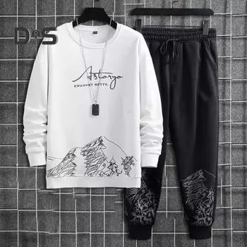 2 шт./комплект мужской осенне-зимний повседневный спортивный костюм с принтом в виде гор, свитшот с длинным рукавом и эластичным поясом, комплект брюк для бега на шнурке 2XL белый
