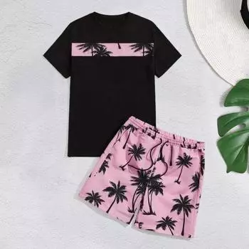 2 шт./комплект мужской повседневный наряд футболка с принтом кокоса широкая эластичная талия шорты комплект свободный крой повседневный пляжный M синий