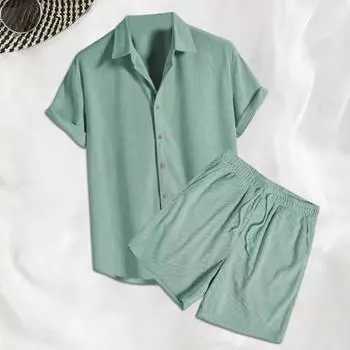 2 шт./комплект мужской повседневный наряд однобортная рубашка с лацканами и коротким рукавом эластичный пояс регулируемые шорты на шнурке однотонный цвет O M абрикосовый
