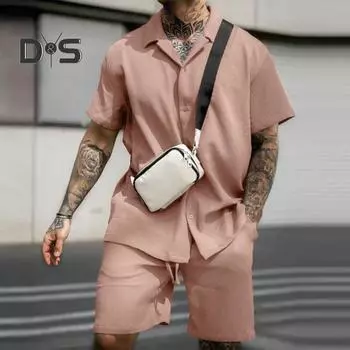 2 шт./комплект мужской повседневный наряд рубашка с коротким рукавом с лацканами эластичный пояс завязка широкие шорты комплект однотонный спортивный костюм L чёрный