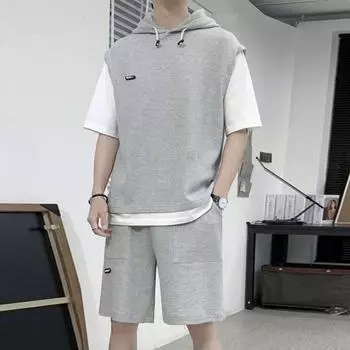 2 шт./комплект мужской повседневный наряд с капюшоном и завязками на рукавах топы с эластичной талией и завязками на талии короткие широкие шорты комплект поддельные две части 4XL серый
