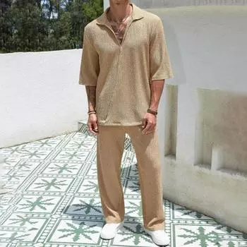 2 шт./комплект мужской повседневный наряд топы с длинными рукавами и эластичной резинкой на талии длинные брюки однотонный наряд в пригородном стиле L коричневый