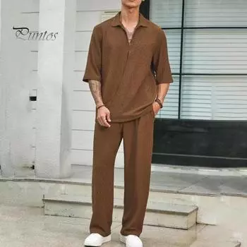 2 шт./комплект мужской повседневный наряд топы с длинными рукавами и эластичной резинкой на талии длинные брюки однотонный наряд в пригородном стиле M небесно-голубой