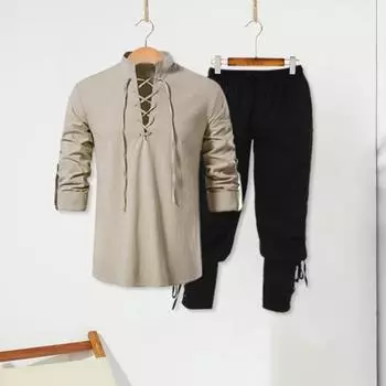 2 шт./комплект мужской рубашки и брюк костюм ретро воротник стойка ренессанс средневековый викинг стиль пуловер шнуровка длинный рукав эластичный пояс щиколотки запонки L армия зеленый