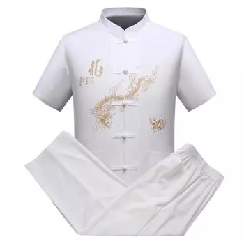 2 шт./комплект мужской рубашки и брюк костюм в китайском стиле Тан костюм для утренней тренировки тачи одежда с воротником-стойкой короткий рукав широкие штанины свободная мужская одежда M красный