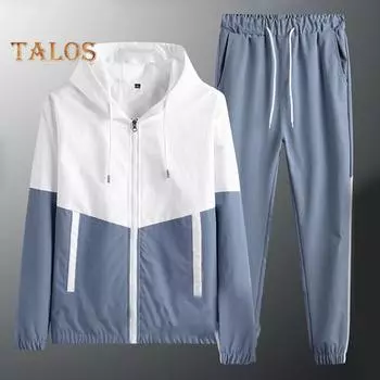 2 шт./комплект мужской спортивной одежды с капюшоном и длинным рукавом, толстовка, пальто, эластичный пояс с завязками, карманы, длинные брюки, комплект, спортивные костюмы в стиле пэчворк M чёрный