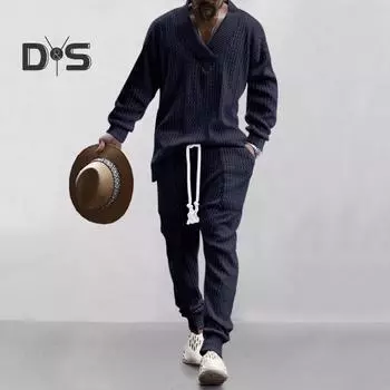 2 шт./комплект мужской спортивный костюм с V-образным вырезом и длинными рукавами, эластичные спортивные штаны на талии с завязками и карманами, комплект с перекрученной текстурой, одежда для отдыха M белый