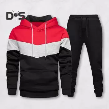 2 шт./комплект мужской спортивный костюм с капюшоном, длинными рукавами, передними карманами, толстовка с эластичной резинкой на талии, спортивные штаны, комплект, цветная спортивная одежда в стиле пэчворк M синий