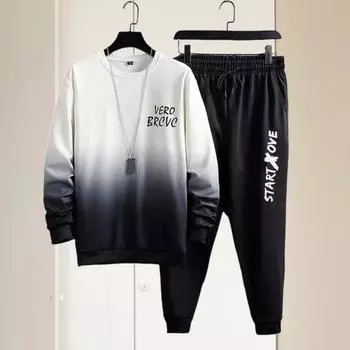 2 шт./комплект мужской топ брюки костюм градиент контрастный цвет длинный рукав круглый вырез свободный эластичный пояс щиколотки хип-хоп спортивный костюм осень весна топ M белый