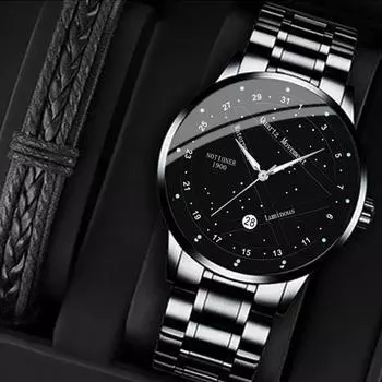2 шт./комплект NOTIONR Business мужские наручные часы из нержавеющей стали, модные светящиеся кварцевые часы с календарем, мужские подарочные варианты