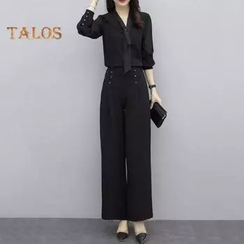 2 шт./комплект OL Commuting Outfit рубашка брюки комплект чистый цвет V-образный вырез длинный рукав блузка высокая талия широкие брюки деловая офисная одежда M красный