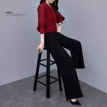 2 шт./комплект OL Commuting Outfit рубашка брюки комплект чистый цвет V-образный вырез длинный рукав блузка высокая талия широкие брюки деловая офисная одежда M красный