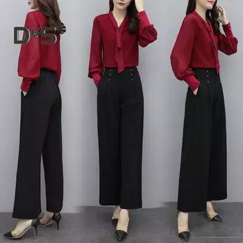 2 шт./комплект OL Commuting Outfit рубашка брюки комплект чистый цвет V-образный вырез длинный рукав блузка высокая талия широкие брюки деловая офисная одежда M красный