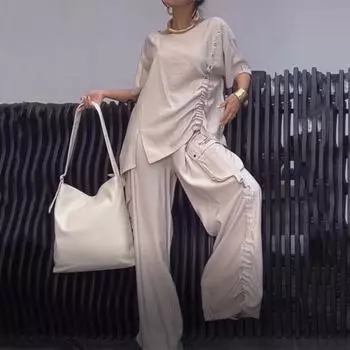 2 шт./комплект осень-весна женская футболка брюки комплект короткие рукава круглый вырез плиссированный топ эластичный XL белый