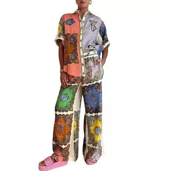 2 шт./комплект осень-весна женская пижама костюм красочный 3D печать длинный рукав топ уличная одежда широкие брюки пижамы повседневная домашняя одежда одежда S оранжевый