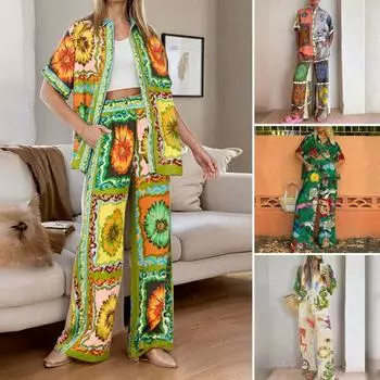 2 шт./комплект осень-весна женская пижама костюм красочный 3D печать длинный рукав топ уличная одежда широкие брюки пижамы повседневная домашняя одежда одежда S темно-зеленого