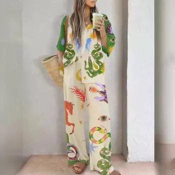 2 шт./комплект осень-весна женская пижама костюм красочный 3D печать длинный рукав топ уличная одежда широкие брюки пижамы повседневная домашняя одежда одежда S абрикосовый