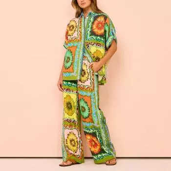 2 шт./комплект осень-весна женская пижама костюм красочный 3D-принт длинный рукав S абрикосовый