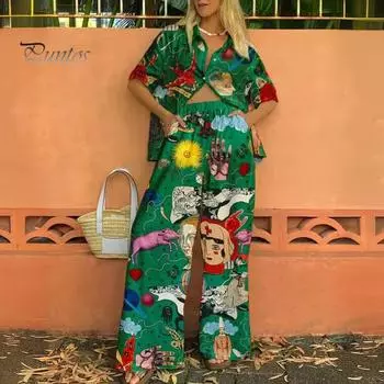 2 шт./комплект осень-весна женская пижама костюм красочный 3D печать длинный рукав топ уличная одежда широкие брюки пижамы повседневная домашняя одежда одежда S оранжевый