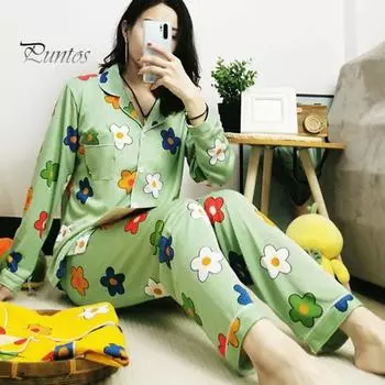 2 шт./комплект осень-весна женская пижама костюм атласный красочный мультяшный цветочный принт тонкий пасторальный стиль длинный рукав топ широкие брюки пижамы повседневный M зелёный
