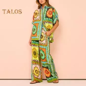 2 шт./комплект осень-весна женская пижама костюм красочный 3D печать длинный рукав топ уличная одежда широкие брюки пижамы повседневная домашняя одежда одежда S оранжевый