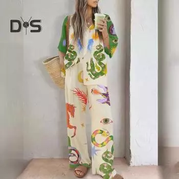 2 шт./комплект осень-весна женская пижама костюм красочный 3D печать длинный рукав топ уличная одежда широкие брюки пижамы повседневная домашняя одежда одежда S оранжевый