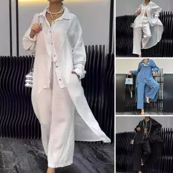 2 шт./комплект осень-весна женская рубашка брюки комплект длинные рукава лацкан кружевные манжеты застежка на пуговицы нерегулярные M белый