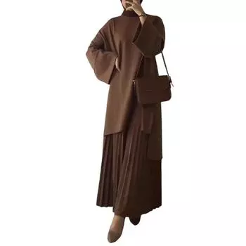 2 шт./комплект осень-весна женский ретро топ юбка комплект круглый вырез длинный рукав M верблюд