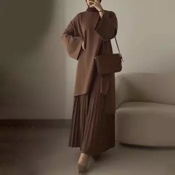 2 шт./комплект осень-весна женский ретро топ юбка комплект круглый вырез длинный рукав топ средней длины S верблюд