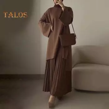 2 шт./комплект осень-весна женский ретро топ-юбка комплект с круглым вырезом длинные рукава средней длины топ плиссированная А-силуэт свободная макси-юбка наряд для свиданий на работу M верблюд