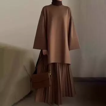 2 шт./комплект осень-весна женский ретро топ-юбка комплект с круглым вырезом длинные рукава средней длины топ плиссированная А-силуэт свободная макси-юбка наряд для свиданий на работу XXL верблюд