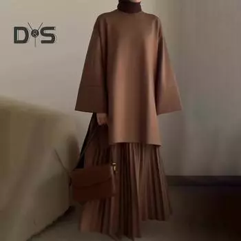 2 шт./комплект осень-весна женский ретро топ-юбка комплект с круглым вырезом длинные рукава средней длины топ плиссированная А-силуэт свободная макси-юбка наряд для свиданий на работу S верблюд