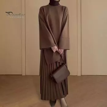 2 шт./комплект осень-весна женский ретро топ-юбка комплект с круглым вырезом длинные рукава средней длины топ плиссированная А-силуэт свободная макси-юбка наряд для свиданий на работу L верблюд