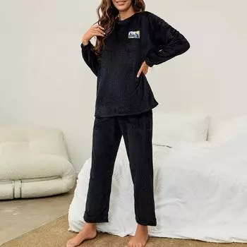 2 шт./комплект осень-зима женская пижама костюм круглый вырез длинный рукав фланелевый топ толстые свободные эластичные брюки на талии пижамы повседневная домашняя одежда одежда L вино красного