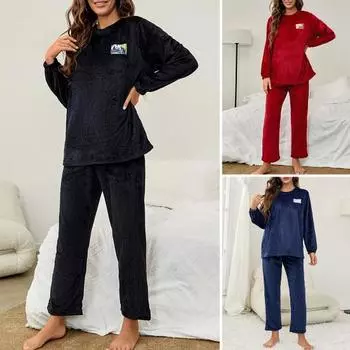 2 шт./комплект осень-зима женская пижама костюм круглый вырез длинный рукав фланелевый топ толстые свободные эластичные брюки на талии пижамы повседневная домашняя одежда одежда L темно-синий