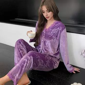 2 шт./комплект осень-зима женская пижама костюм кружевная отделка V-образный вырез принт длинный рукав L вино красного