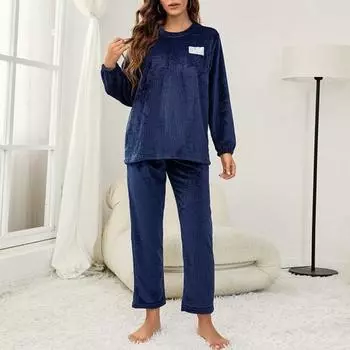 2 шт./комплект осень-зима женская пижама костюм круглый вырез длинный рукав фланелевый топ толстые свободные эластичные брюки на талии пижамы повседневная домашняя одежда одежда M вино красного